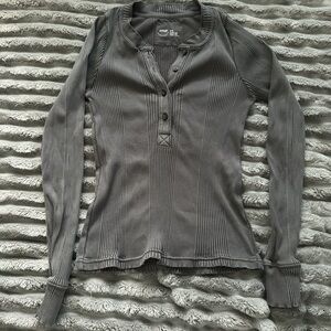 Aerie Charcoal Button Down Ribbed Top